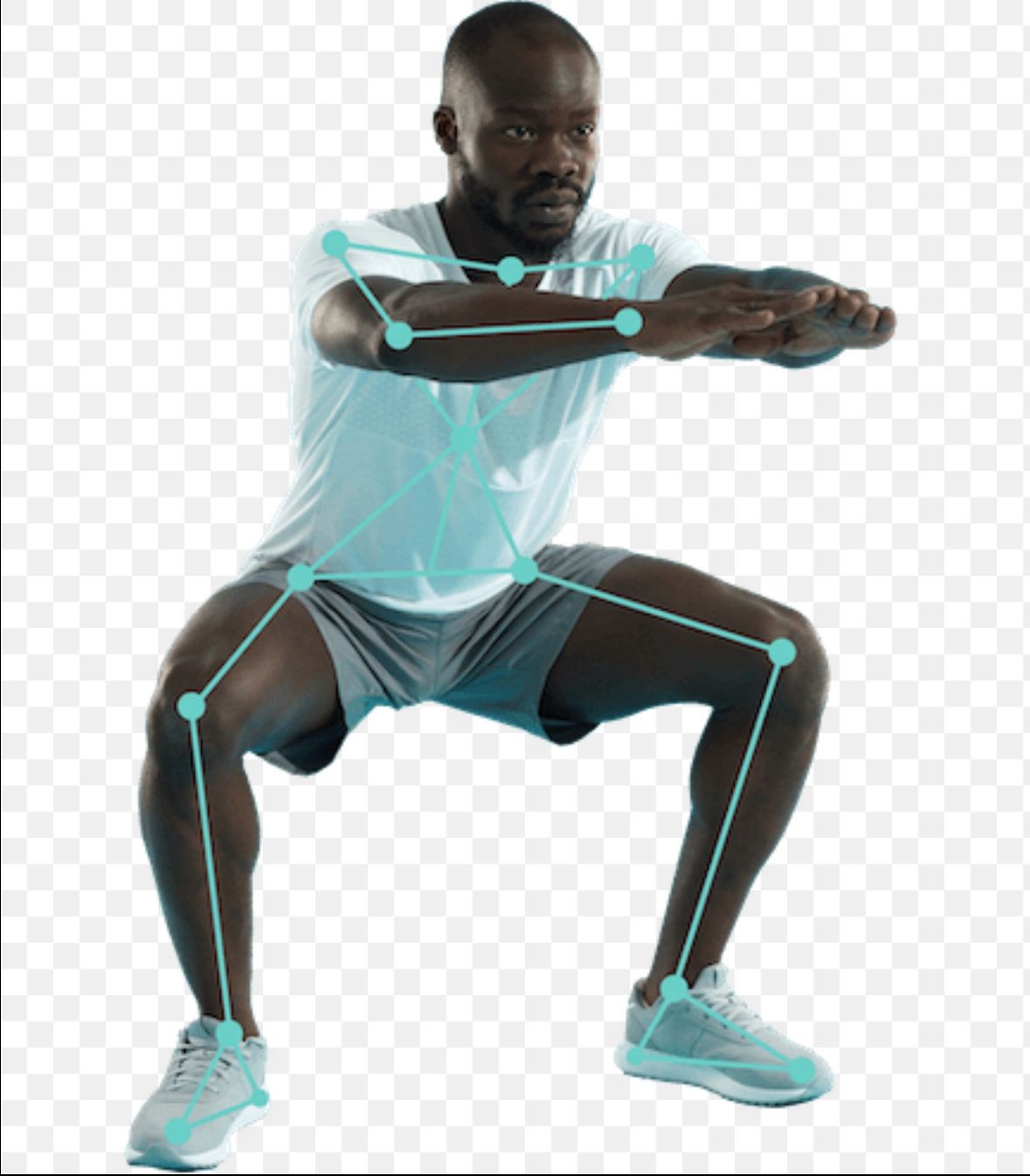 Person in athletic wear performing a squat exercise with visible markers and lines indicating joint movements.